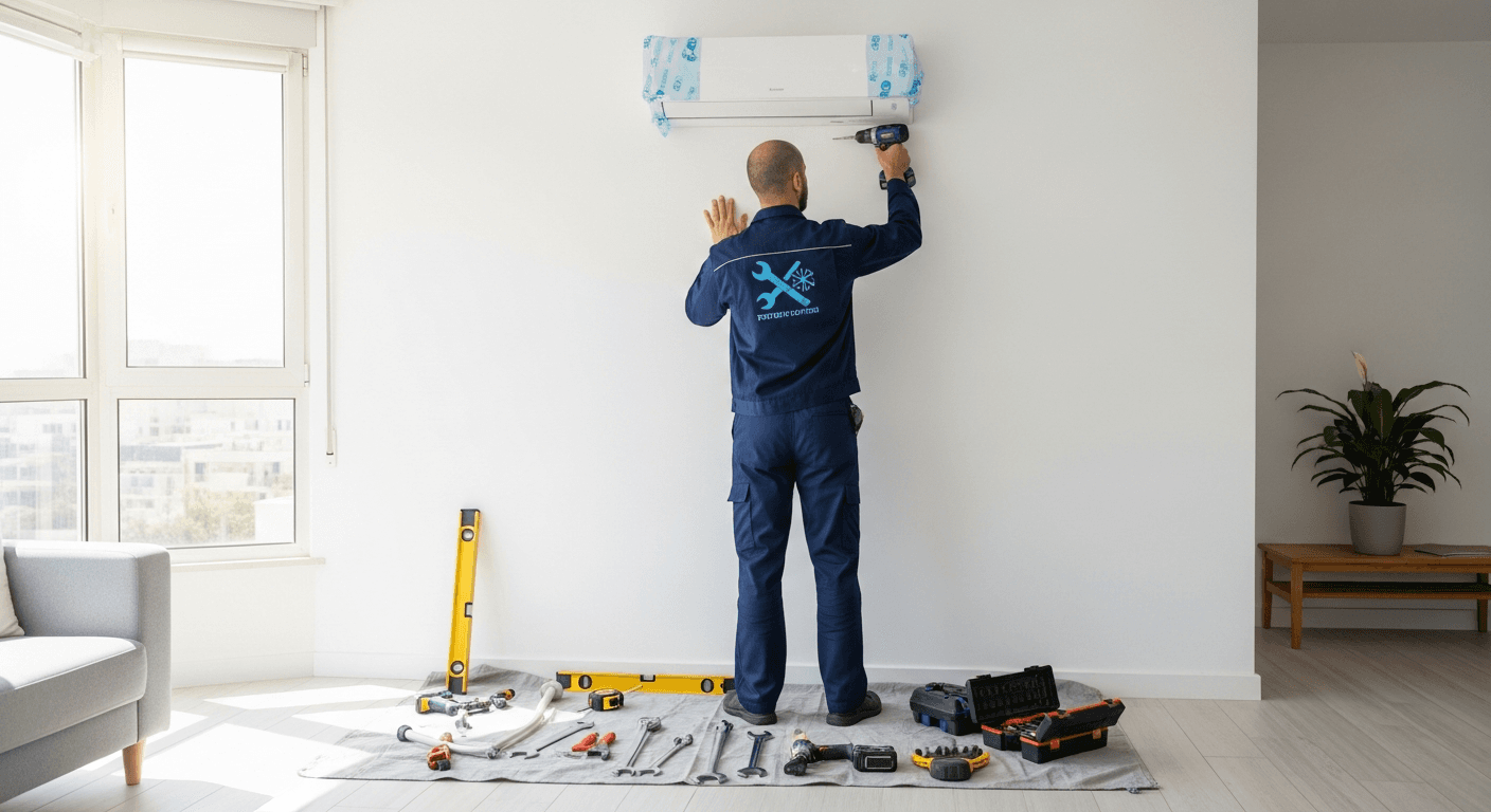 טכנאי מתקין מזגן ספליט על קיר בית בישראל