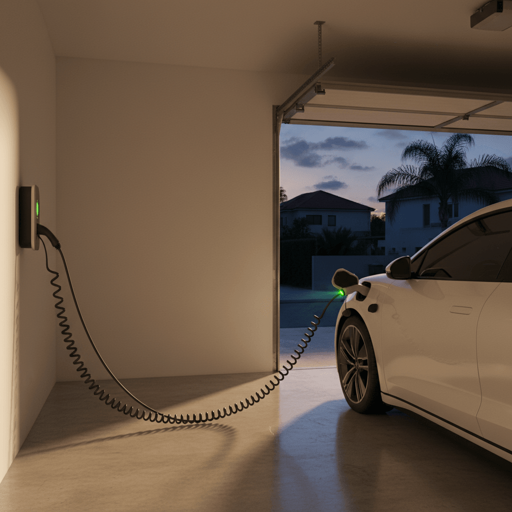 עמדת טעינה לרכב חשמלי ליד בית עם פאנלים סולאריים