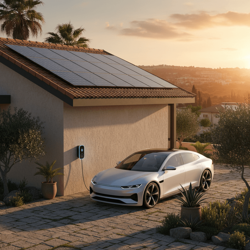 רכב חשמלי נטען מפאנלים סולאריים על גג הבית