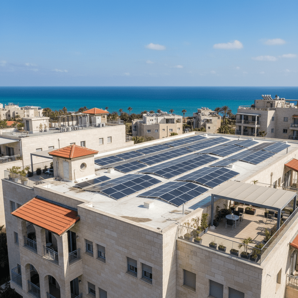 פאנלים סולאריים על גג בניין משותף בישראל