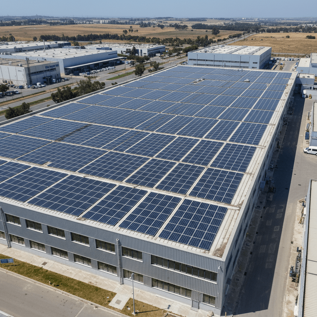 מערכת סולארית מסחרית על גג מבנה תעשייתי בישראל