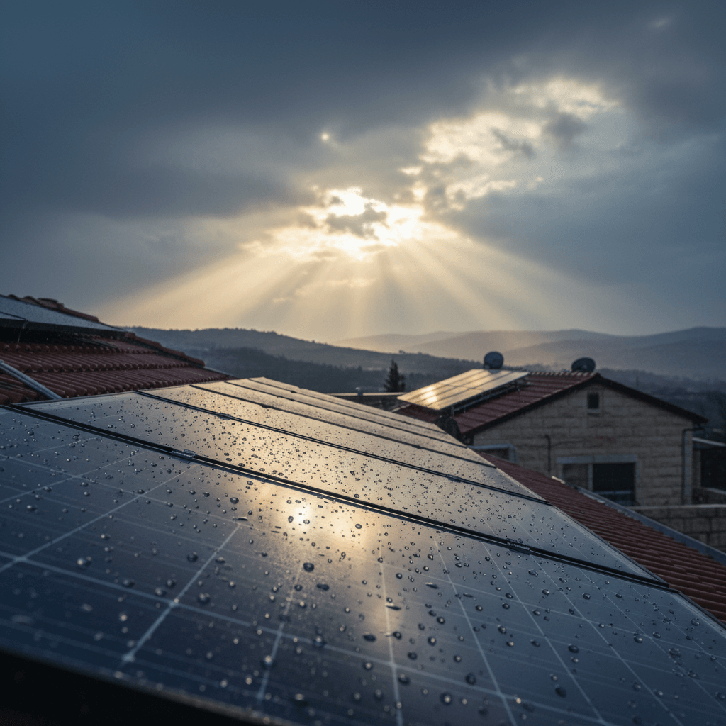 פאנלים סולאריים על גג בית בישראל ביום חורפי מעונן