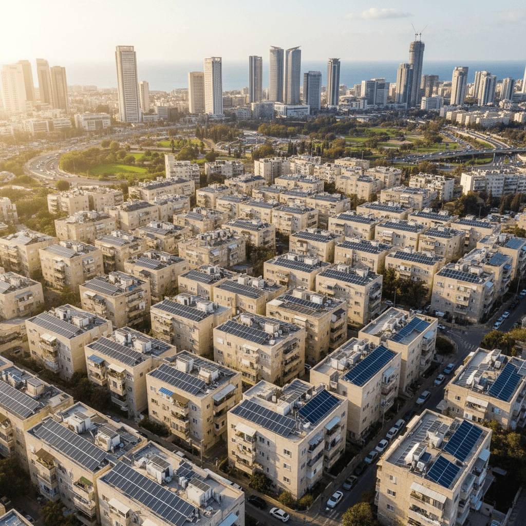 מערכת סולארית על גג בניין מגורים באזור עירוני